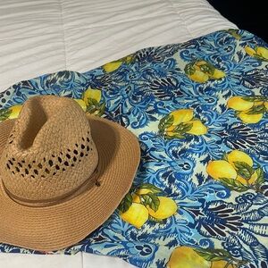 Vince Camuto Tan Hat with Vibrant Blue and Yellow Scarf